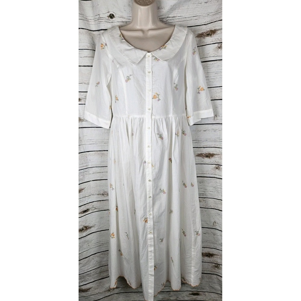 Simple Retro White Floral Embroidered Midi Shirt Dress L Prairie NEW 100% Cotton